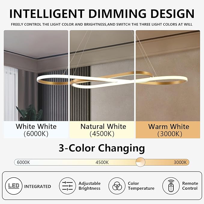 Gold Led Chandeliers for Dining Room Light Fixture Modern Led Pendant Light Kitchen Island Lighting for Kitchen Island Chandelier Over Table, Dimmable Adjustable Height Pendant Light Ceiling Hanging