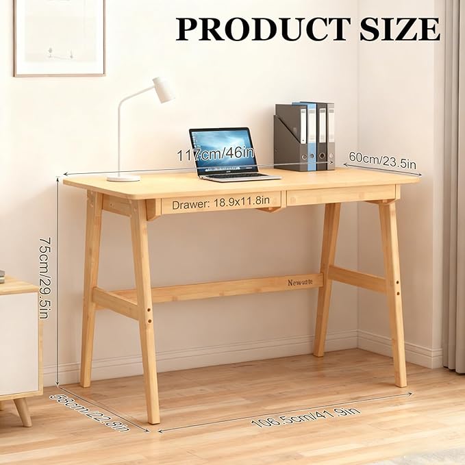 Nnewvante Writing Computer Desk 46" Bamboo Home Office Table with 2 Drawers, Modern Furniture Simple Study Makeup Workstation