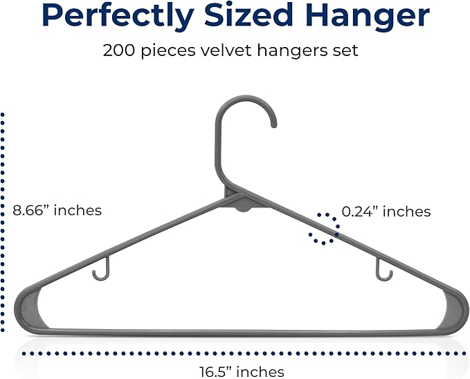 SereneLife 200 Pack Plastic Hangers, Non-Slip, Space-Saving Closet Organizers, Durable and Strong for Shirts, Sweaters, Hoodies, Kids Clothes & Dresses, Ultra-Thin, Lightweight