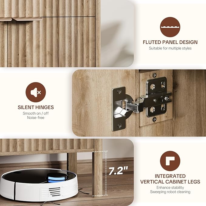 Sideboard Buffet Cabinet with Storage - Modern Fluted Credenza with Doors & Drawer, Accent Cabinet Coffee Table Bar Counter Bookcase for Living Room Kitchen Dining Room Entryway 31" H Oak