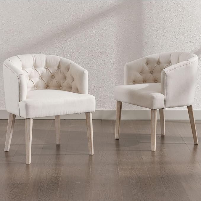 DUOMAY Modern Tufted Dining Chairs Set of 6, Linen Upholstered Side Chair, Comfy Accent Barrel Chair with Wood Legs for Home Kitchen Dining Room Living Room Restaurant, White