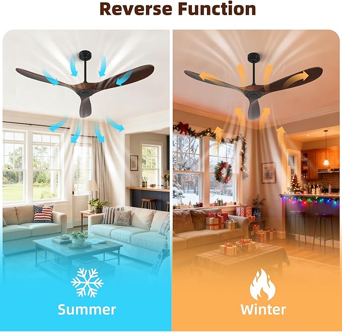 Outdoor Ceiling Fan Without Light, 60 Inch Smart Ceiling Fan with Remote & Voice Control for Alexa/Google, 3-Blade Wood Fan, Quiet DC Motor, 6 Speeds for Patio, Porch, Farmhouse, Dark Walnut