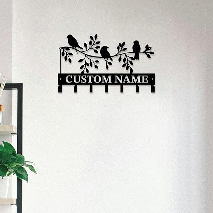 Personalized Custom Name Birds of Trees Wall Key Hooks,Metal Birds of Trees Art Clothes Hooks,Metal Birds of Trees Wall Home Storage Decorative,For Front Door, Hallway, Kitchen, Bedroom(Style H)