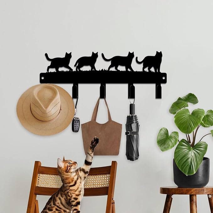magilab Cat-Themed 10-Inch Iron Key Hooks with 5 Hooks, Black Wall Organizer - Cute Cat Design for Home Decor, No Drill & Screw-in Options (Style B)