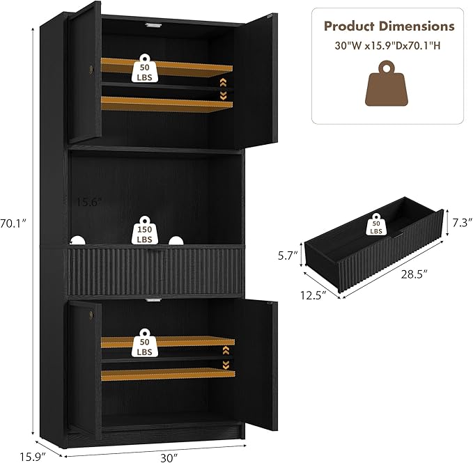 IDEALHOUSE Tall Storage Cabinet, 70" Kitchen Pantry Cabinet with Doors, Fluted Kitchen Hutch Cupboard with Microwave Shelf & Drawer, Freestanding Cupboard for Dining Room, Living Room, Black