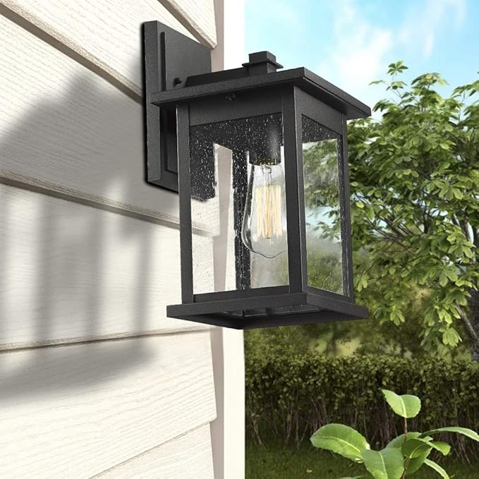 Emliviar Outside Lights for House, 1-Light Outdoor Wall Lantern 14", Black Finish with Seeded Glass, 1803EW2