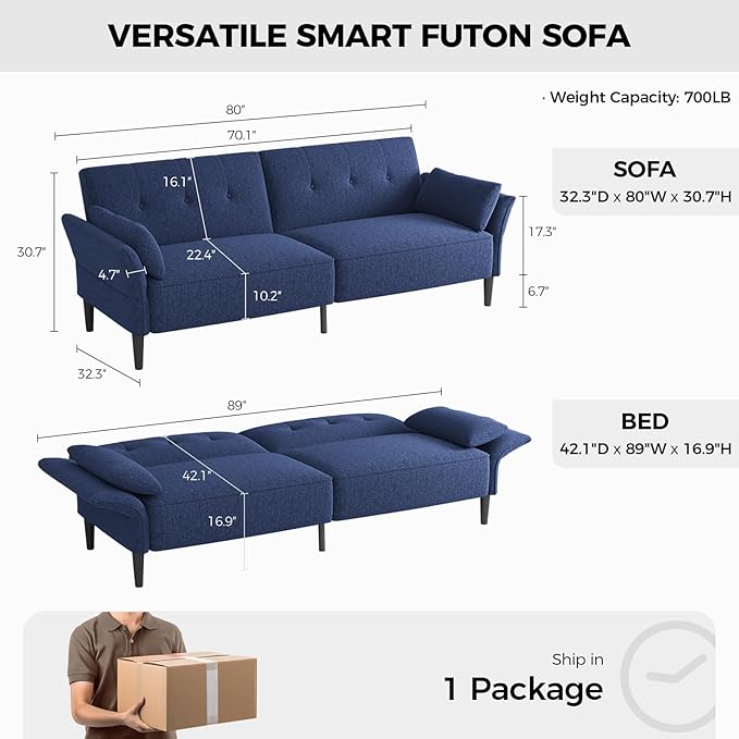 89” Futon Sofa Bed,Comfy Futon Couch Bed with 2 Square Pillows,Convertible Sleeper Sofa with Adjustable Backrest& Armrests, Modern Loveseat Sleeper for Living Room, Bedroom, Linen Blue