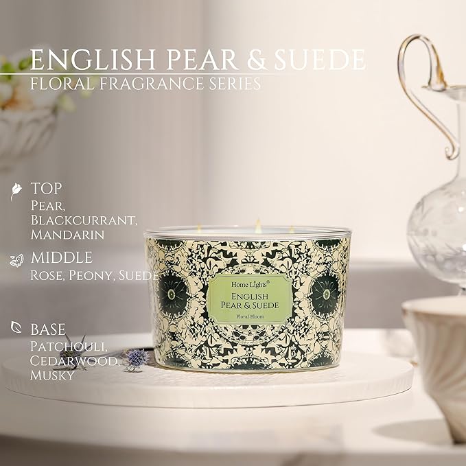 HomeLights Soy Wax Candles for Home Scented, 4-Wick Candles in English Pear & Suede Scented, Aromatherapy Candles Gift for Parties, Relaxing, Bohemian Natural Textures, 18oz