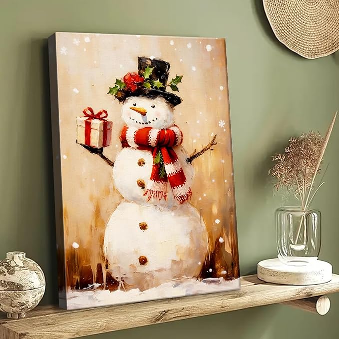 Rustic Snowman with Gift Box Christmas Canvas Wall Art - Humorous Winter Scene Framed Print for Bathroom & Bedroom Decor, Cozy Farmhouse Christmas Wall Art, Unique Christmas Gift & Festive Decoration