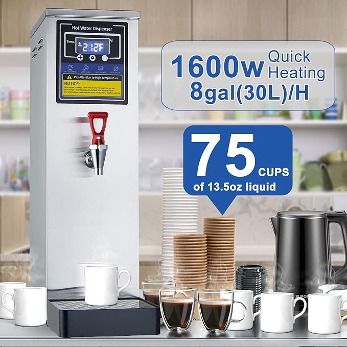 Hot Water Dispenser Commercial Water Boiler Electric Warmer Hot Water Machine Stainless Steel 30L(8GAL)/Hour Step-heating Temperature Control 86-212°F for Boba Tea Coffee Office Restaurant 1600W