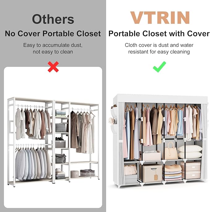 VTRIN Portable Closet for Hanging Clothes 67 Inch Wide Large Capacity Portable Wardrobe Closet with Cover, 4 Storage Shelves and 4 Hanging Rod Sturdy Free Standing Closet for Bedroom, White