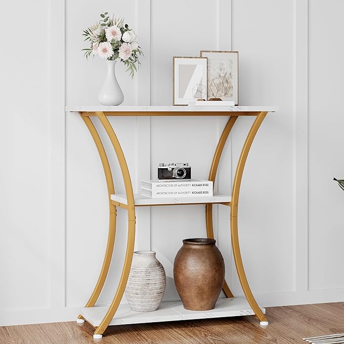 Rustic 3-Tier Console Table with Open Shelves Narrow Entryway Table with Curved Metal Frame Slim Sofa Table for Hallway Living Room or Foyer (Gold White Marbled)