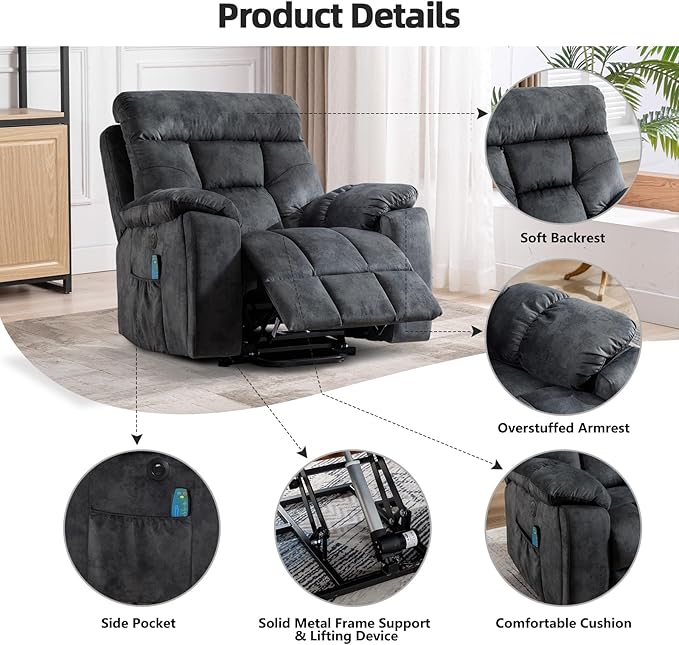 CANMOV Large Power Lift Recliner Chair with Massage and Heat for Elderly Big and Tall People, Overstuffed Wide Recliners with 2 Cup Holders, Side Pocket and USB Port, Grey
