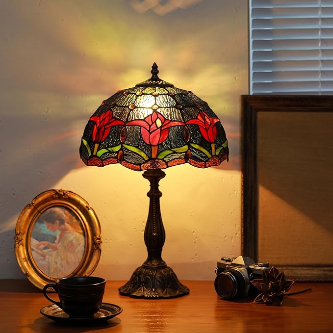 Tiffany Lamps Red Tulip Style Stained Glass Table Lamp Desk Bedside Reading Light 12X12X18.5 Inches with Bronze Resin Base Applicable to Bedroom Living Room Office