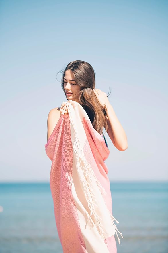 Bazaar Anatolia Turkish Beach Towel 100% Cotton Bath Towels 71x39 Quick Dry Sand Free Lightweight Large Oversized Herringbone Peach Coral