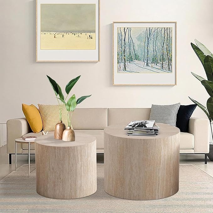 Stylish Nesting Coffee Table Set of 2, Elegant Chic Round Wooden Center Table - Smooth Finish & Easy to Clean, No Assemble Needed (E)