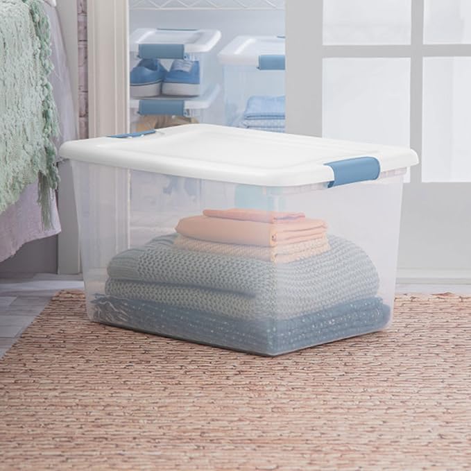 Sterilite 24-Pack Latching Box, Under Bed Storage Bins with Lids, Clear Plastic, 64 Quart - Heavy-Duty Organizing Containers for Closet, Bathroom, and Office