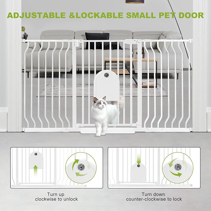 Auto Close 29.5"-62" Safety Metal Dog Extra Wide Pet Gate for Doorway, Stairs, House, Walk Through Child Gate with Pet Door, Includes 4 Wall Cups and 2 Extension Pieces Baby Gate with Door