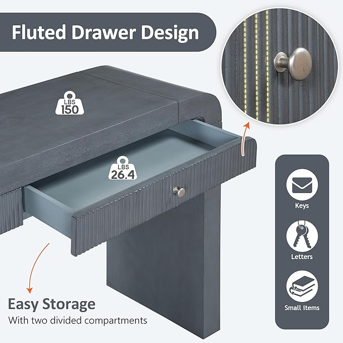 Farmhouse Modern Curved Console Table 54.3-Inch Sofa Entry Table Fluted Accent Tables with Storage Drawers for Living Room Entryway Hallway Furniture, Dark Navy