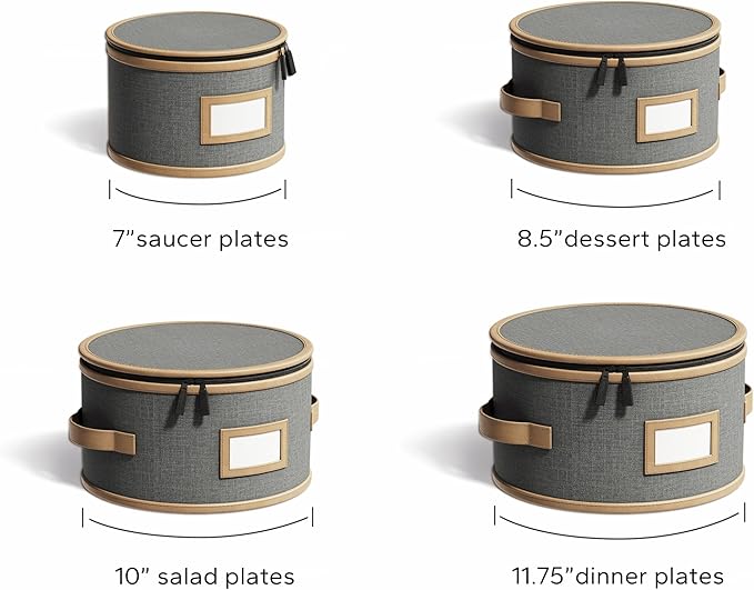 Hard Shell China Storage Containers – 4 Piece Set for Storing Dinner Plates, Salad Plates, Quilted Dividers for Safe Moving and Seasonal Storage, Grey with Brown Edging