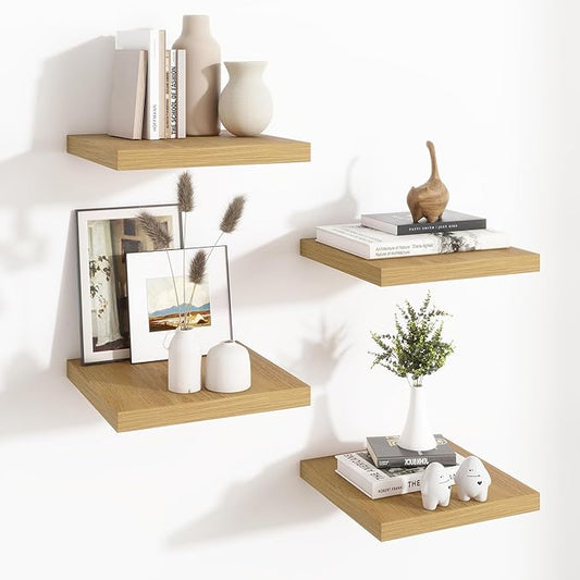 Fun Memories Square Floating Shelves for Wall - 12 Inch Deep Floating Shelves with Invisible Brackets, Oak Small Wall Shelf for Living Room, Bathroom, Bedroom, and Kitchen Decor，Set of 4