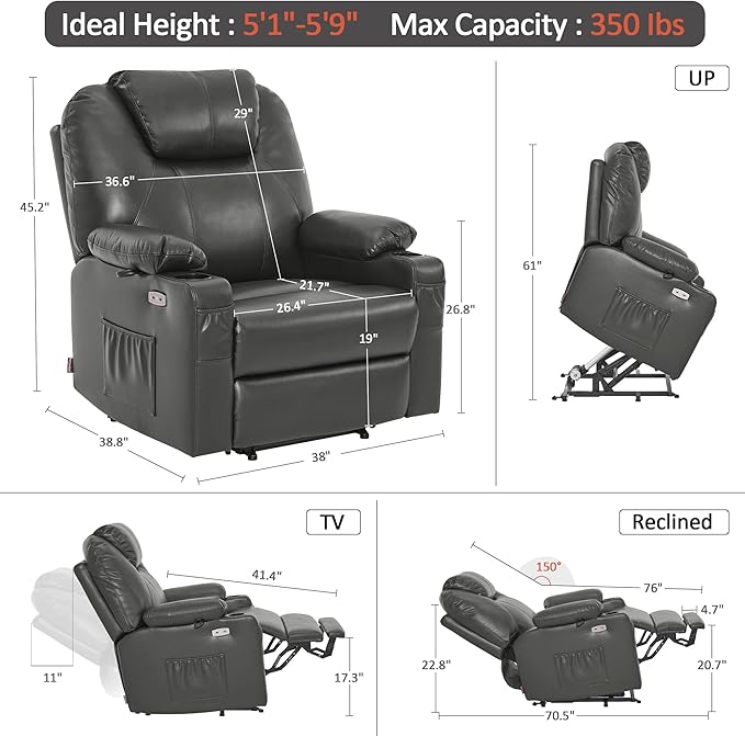 MCombo Extra Wide Power Lift Recliner Chair for Elderly, Lift Chair with Heat and Massage for Big People, USB&Type C Ports, Cup Holders, Faux Leather R7045 (Grey, Medium-Wide)