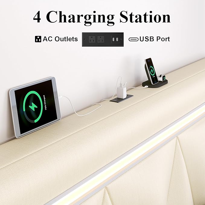 Queen Size Bed Frame with Bluetooth Speaker, LED Lights and Charging Station, Faux Leather Linen Fabric Adjustable Headboard,Modern Upholstered Bed, Wood Slat Support, Easy Assemble, Beige