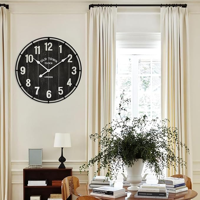 Large Old Town Farmhouse Black Wall Clock 24 Inch Rustic Antique Wood with Metal Circle and Large Numerals Silent Battery Operated Wall Clock for Office Kitchen Bedroom Living Room