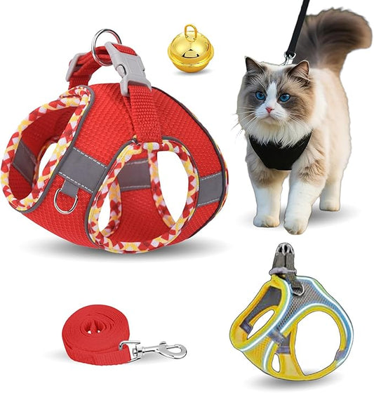Stimulicat Cat Harness, Stimuli Cat Harness Design for Outdoor Cats, Adjustable Soft Mesh Vest Harness Escape Proof with Reflective Safety Strips, Allowing Cats to Safe (Lattice-Red, XS)