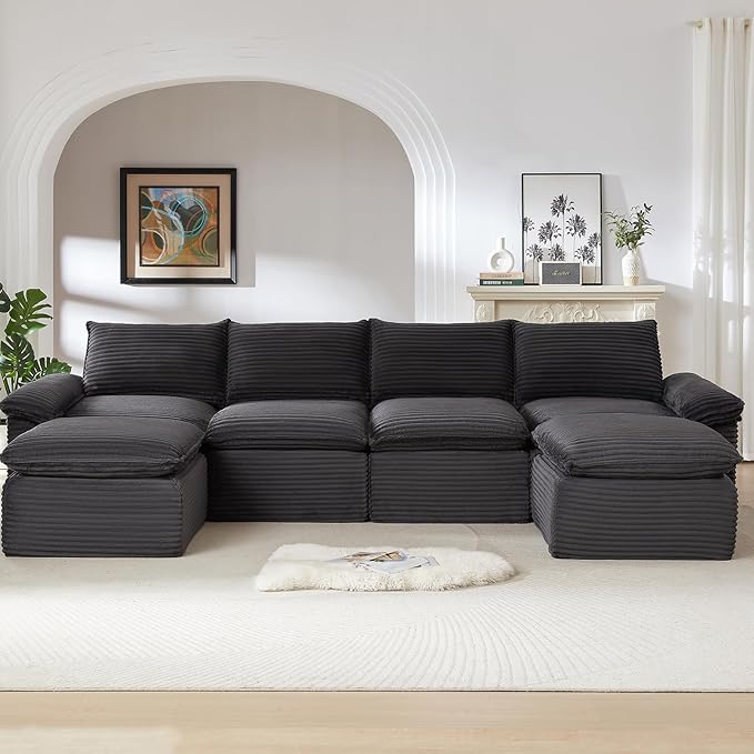 141.74" Sectional Couches for Living Room Modern Modular Sofa with U-Shape Couchs Upholstered Corduroy Boneless Couch Deep Seat Cloud Couch with Ottoman, No Assembly Required, Dark Gray