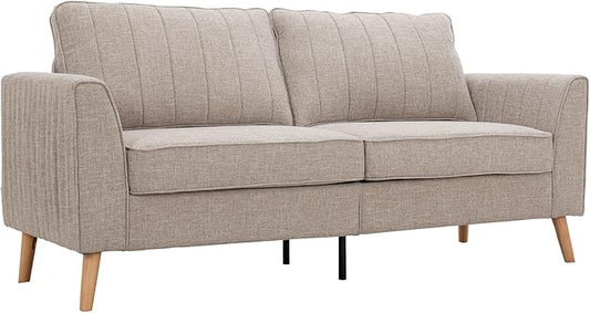 Artechworks Handmade Sofa Couch, 3-Seater 76" Wide W/Fresh Sand Gray Style Linen, Modern Mid-Century Fusion Stylish Couch French Piping Design Sofa for Living Room Apartment Lounge, Reception,Sand