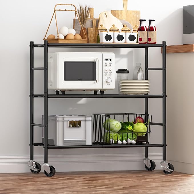 Storage Shelves Organizer - 3 Tier Metal Shelf Organizer with Metal Wheels and Adjustable Leveling Feet, Heavy Duty Garage Shelving for Kitchen, Pantry and Closet, 33.1"x12.6"x32.5", Black