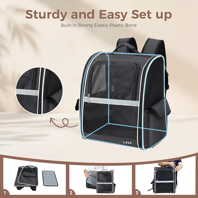 Lekereise Cat Backpack Carrier, Pet Carrier Backpack Airline Approved for Small Dogs Medium Cats Fit Up to 18 Lbs, Dogs Foldable Backpack Carrier for Travel, Hiking, Black