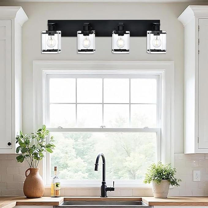 4-Light Bathroom Vanity Light Fixture, Modern Black Wall Lighting Over Mirror with Rectangular Clear Glass, E26 Bulb Base