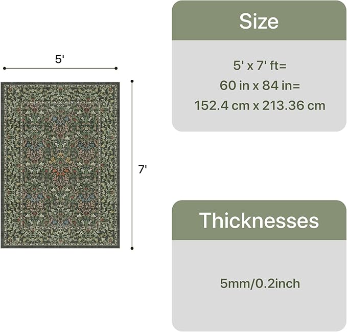GENIMO 5x7 Floral Area Rug for Living Room, Vintage Boho Non-Slip Carpet, Soft Low-Pile Lightweight Indoor Rug, Stain Resistant Thin Rug for Bedroom, Dining Room, Nursery, Emerald Green