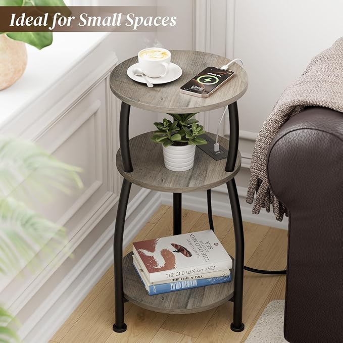 Round Side Table with Power Outlet & USB Ports, 3-Tier End Table with Storage Shelf, Modern Rustic Nightstand, Small Spaces Accent Table for Living Room Bedroom, Easy Assembly, Grey