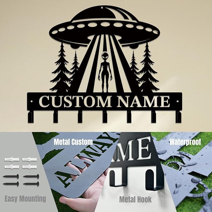 Personalized Custom Alien ET Metal Wall Keys Hooks,Clothes Hooks Alien ET Art coat racks,door holder,Black Alien ET decorations for home,Entrance doors,Hallway, Bedroom,Keys,Hats (Style I)