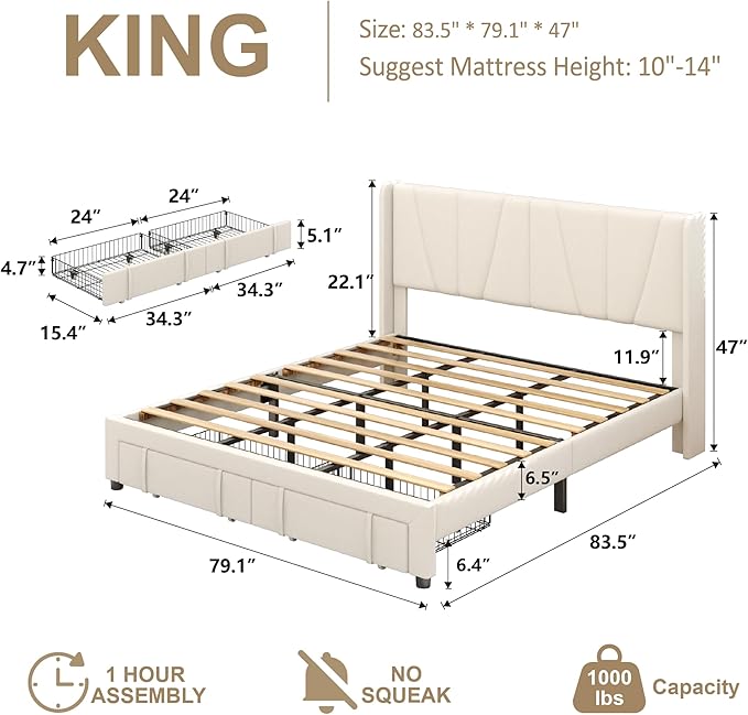 King Bed Frame with Storage Drawers, Upholstered King Size Platform Bed with 47" Tall Headboard and Wingboard, No Box Spring Needed, NO Noise, Easy Assembly, Wooden Support Slats, Beige