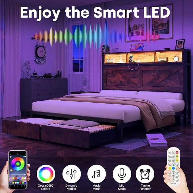 Farmhouse Full Bed Frame with Bookcase Storage Headboard, Charging Station, LED Light and 2 Storage Drawers, Noise Free, No Box Spring Needed, Brown