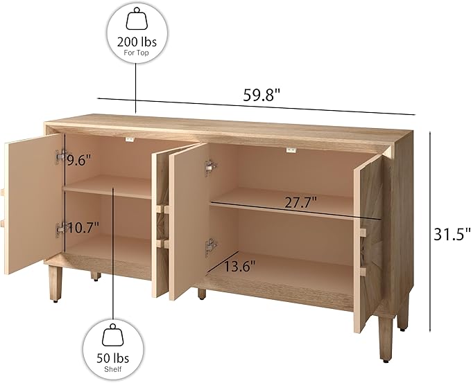 60'' Rustic Large Sideboard with 4 Doors and Adjustable Shelves, Heavy-Duty Antique Wood Entryway Console Table TV Stand for Living Room Dining Room (Antique Natural-10.2)