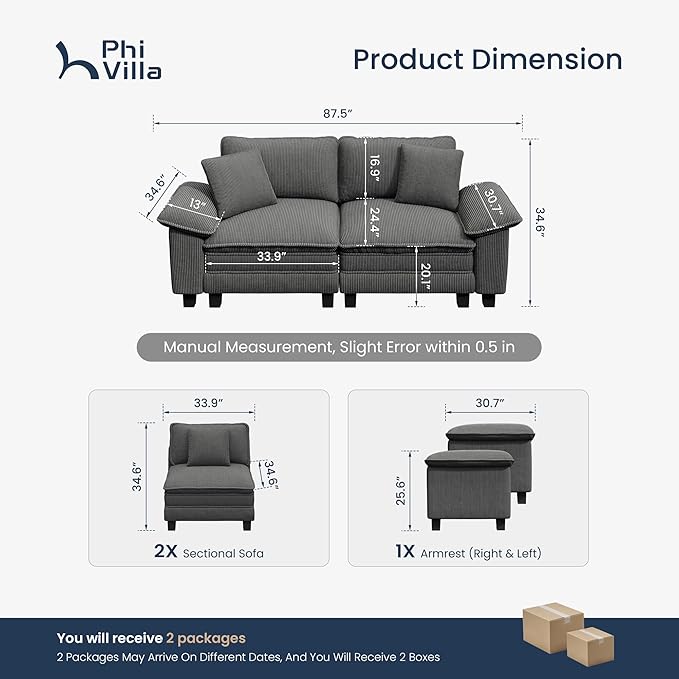 PHI VILLA Cloud Modular Couches Sets, 87.5" Sectional Loveseat Sofa with Upholstered Deep Seat, 2-Seater Comfy Couches for Living Room Bedroom, Corduroy Fabric, Grey