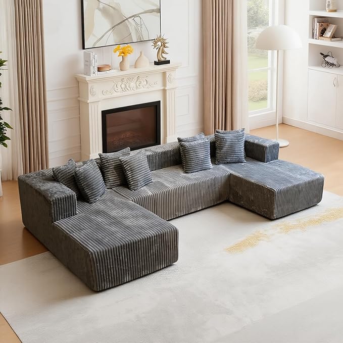 106'' Boneless Couches for Living Room, L Shaped Modular Sectional Sofa with Chaise Lounge, Faux Rabbit Fur & Layered Cushion Deep Seat Cloud Couch, No Assembly (Grey, 130 U Shaped)