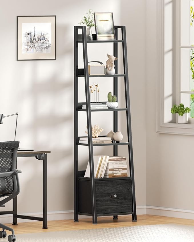Furologee 6 Tier Ladder Shelf,Ladder Bookshelf with Drawer,Industrial Tall Bookcase,Storage Rack Organizer,Wood Metal Freestanding Shelves for Living Room, Home Office, Bedroom,Black Oak