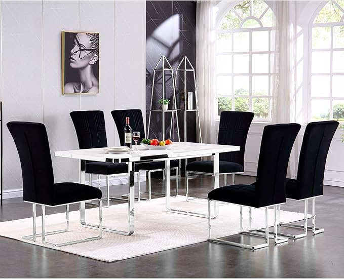 AUZ Dining Chairs Set of 8, Black and Silver Dining Chairs with Velvet Upholstery and Mirrored Silver Sled Legs