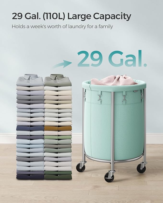 SONGMICS 29-Gallon (110 L) Laundry Basket with Wheels, Rolling Round Heavy-Duty Laundry Hamper Cart with Steel Frame and Removable Bag, 2 Locking Wheels, Mint Green and Metallic Silver URLS002C01