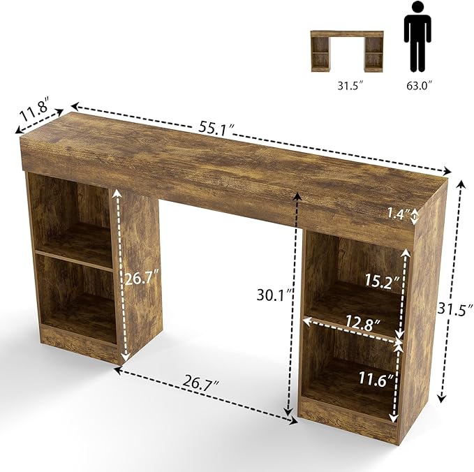 55 Inches Console Table,4 Cubes Narrow Entryway Table,3 Tier Wood Behind Couch Sofa Table,TV Console with Storage for Living Room,Hallway,Entrance,Foyer (Bright Brown)