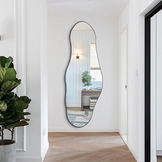 Irregular Mirror Full Length, 63"x22.5" Large Asymmetrical Wall Mirror, Black Metal Frame Abstract Decorative Mirrors for Living Room Bathroom Bedroom Hallway Entryway Fireplace