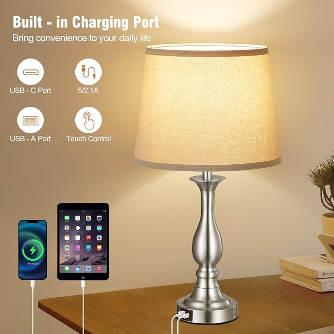 Bedside Table Lamp Touch Control Bedroom Lamps with USB A and C Charging Port 3 Way Dimmable Touch Lamps for Nightstand Living Room Bedroom Dorm Home Office Reading, Set of 2