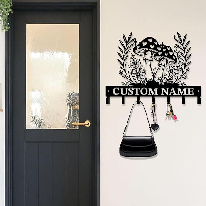 Customized Keys Holder - Personalized Mushroom Wonderland Key Hooks Wall Metal Sign Decor,Wall Holder,Door Hook (Style D)