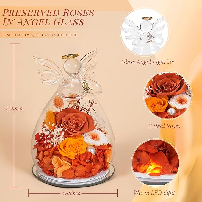 Birthday Gifts for Women Mom Preserved Roses in Glass Angel Figurines Fresh Flowers for Delivery Forever Flowers Eternal Rose Christmas for Grandma Sister Wife Her from Daughter